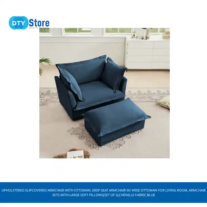 Upholstered Slipcovered Armchair with Ottoman, Deep Seat Armchair W/ Wide Ottoman for Living Room, Armchair Sets with Large Soft Pillows(Set of 2),Chenille Fabric,Blue by@Outfy