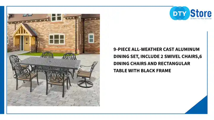 9-Piece All-Weather Cast Aluminum Dining Set, Include 2 Swivel Chairs,6 Dining Chairs and Rectangular Table With Black Frame by@Outfy