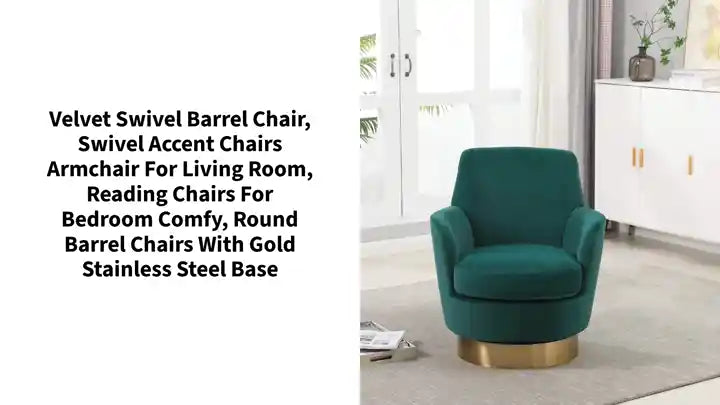 Velvet Swivel Barrel Chair, Swivel Accent Chairs Armchair for Living Room, Reading Chairs for Bedroom Comfy, Round Barrel Chairs with Gold Stainless Steel Base by@Outfy