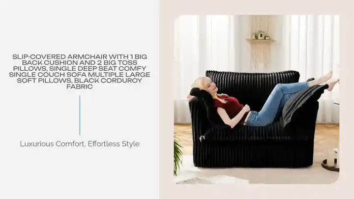 Slip-covered Armchair with 1 Big Back Cushion and 2 Big Toss Pillows, Single Deep Seat Comfy Single Couch Sofa Multiple Large Soft Pillows, Black Corduroy Fabric by@Outfy