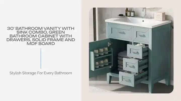 30&#039; Bathroom Vanity with Sink Combo, Green Bathroom Cabinet with Drawers, Solid Frame and MDF Board by@Outfy