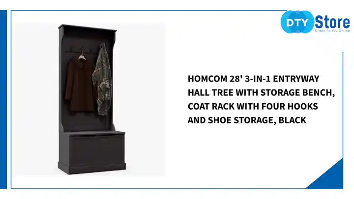 HOMCOM 28&#039; 3-In-1 Entryway Hall Tree with Storage Bench, Coat Rack with Four Hooks and Shoe Storage, Black by@Outfy