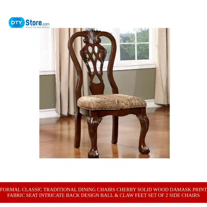 Formal Classic Traditional Dining Chairs Cherry Solid wood Damask Print Fabric Seat Intricate Back Design Ball &amp; Claw Feet Set of 2 Side Chairs by@Outfy