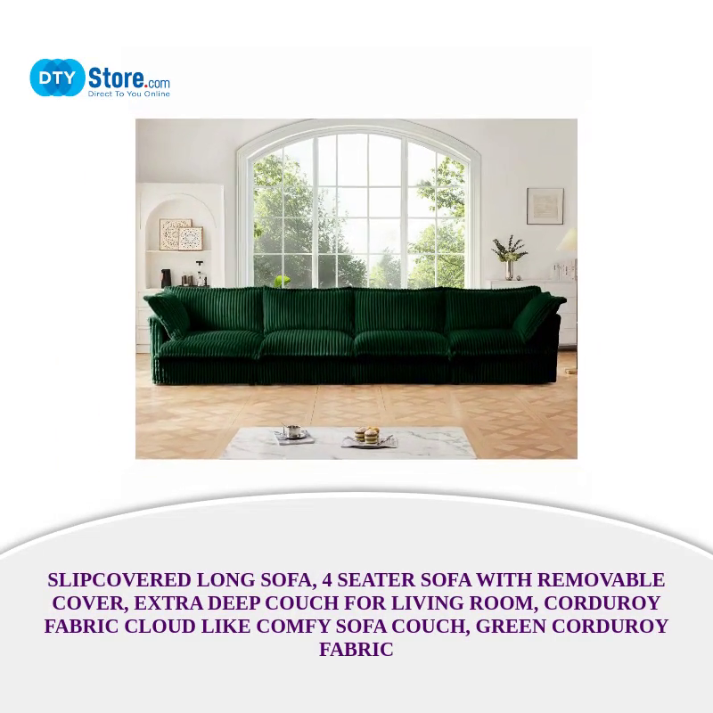 Slipcovered Long Sofa, 4 Seater Sofa with Removable Cover, Extra Deep Couch for Living Room, Corduroy Fabric Cloud Like Comfy Sofa Couch, Green Corduroy Fabric by@Outfy
