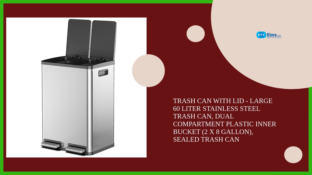 Trash Can with Lid - Large 60 Liter Stainless Steel Trash Can, Dual Compartment Plastic Inner Bucket (2 x 8 Gallon), Sealed Trash Can by@Outfy