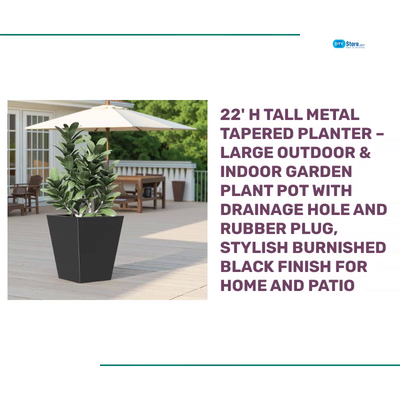 22&#039; H Tall Metal Tapered Planter &ndash; Large Outdoor &amp; Indoor Garden Plant Pot with Drainage Hole and Rubber Plug, Stylish Burnished Black Finish for Home and Patio by@Outfy