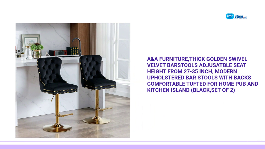 A&amp;A Furniture,Thick Golden Swivel Velvet Barstools Adjusatble Seat Height from 27-35 Inch, Modern Upholstered Bar Stools with Backs Comfortable Tufted for Home Pub and Kitchen Island (Black,Set of 2) by@Outfy