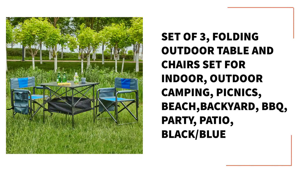 Set of 3, Folding Outdoor Table and Chairs Set for Indoor, Outdoor Camping, Picnics, Beach,Backyard, BBQ, Party, Patio, Black/Blue by@Outfy