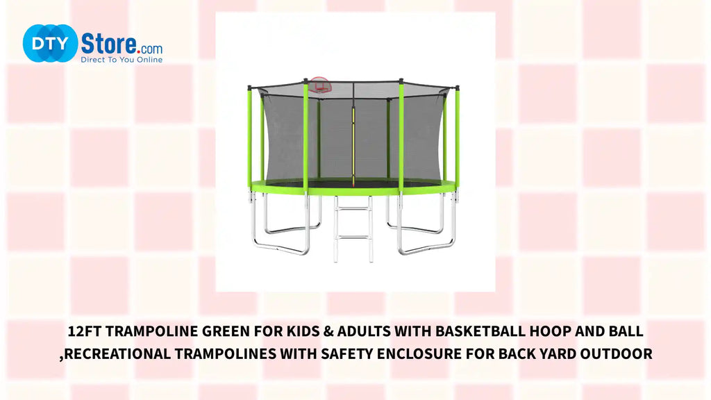 12FT Trampoline Green for Kids &amp; Adults with Basketball Hoop and Ball ,Recreational Trampolines with Safety Enclosure for Back Yard Outdoor by@Outfy