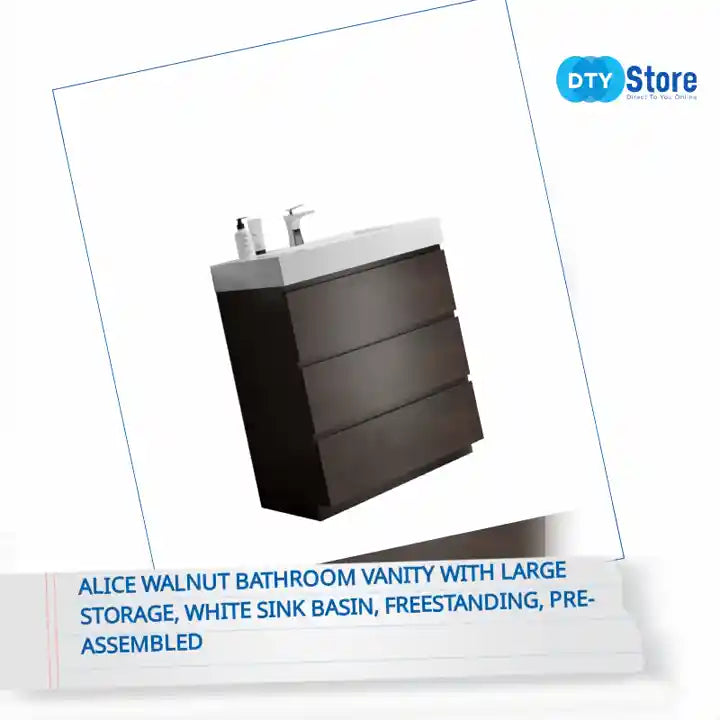 Alice Walnut Bathroom Vanity with Large Storage, White Sink Basin, Freestanding, Pre-assembled by@Outfy