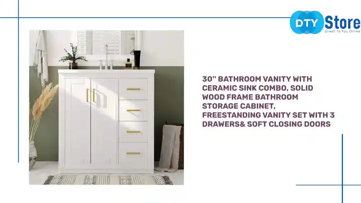 30&#039;&#039; Bathroom Vanity with Ceramic Sink Combo, Solid Wood Frame Bathroom Storage Cabinet, Freestanding Vanity Set with 3 Drawers&amp; Soft Closing Doors by@Outfy