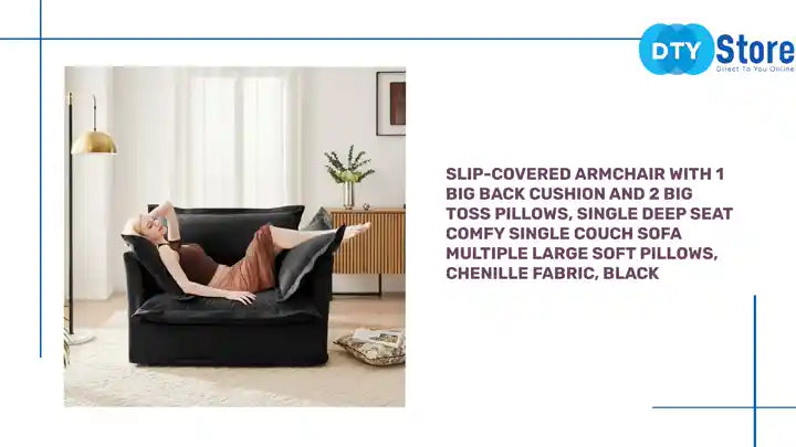 Slip-covered Armchair with 1 Big Back Cushion and 2 Big Toss Pillows, Single Deep Seat Comfy Single Couch Sofa Multiple Large Soft Pillows, Chenille Fabric, Black by@Outfy