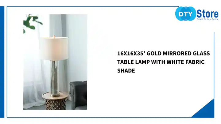 16x16x35&#039; Gold Mirrored Glass Table Lamp with White Fabric Shade by@Outfy