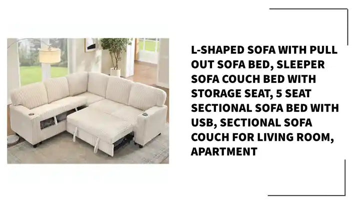 L-Shaped Sofa with Pull Out Sofa Bed, Sleeper Sofa Couch Bed with Storage Seat, 5 Seat Sectional Sofa Bed with USB, Sectional Sofa Couch for Living Room, Apartment by@Outfy