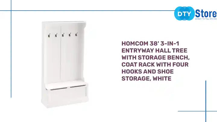 HOMCOM 38&#039; 3-In-1 Entryway Hall Tree with Storage Bench, Coat Rack with Four Hooks and Shoe Storage, White by@Outfy