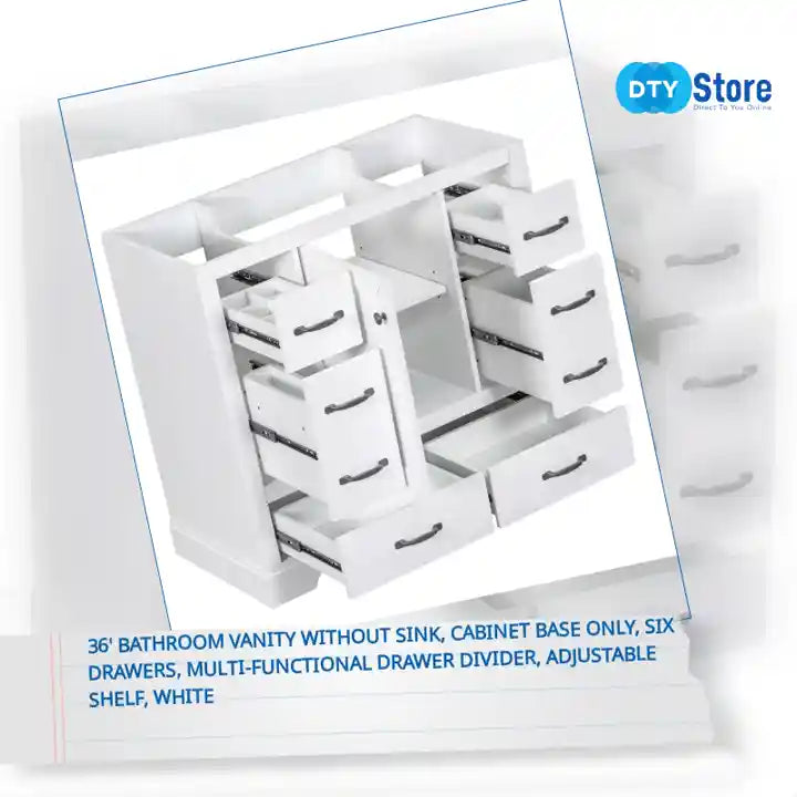 36&#039; Bathroom Vanity without Sink, Cabinet Base Only, Six Drawers, Multi-Functional Drawer Divider, Adjustable Shelf, White by@Outfy