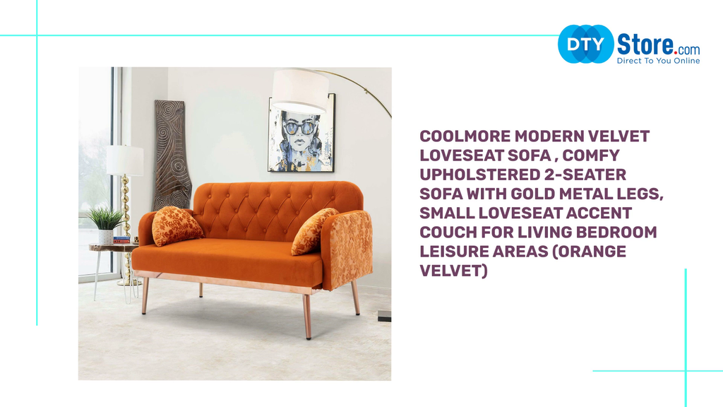 COOLMORE Modern Velvet Loveseat Sofa , Comfy Upholstered 2-Seater Sofa with Gold Metal Legs, Small Loveseat Accent Couch for Living Bedroom Leisure Areas (Orange Velvet) by@Outfy