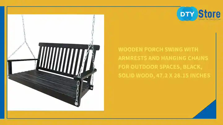 Wooden Porch Swing with Armrests and Hanging Chains for Outdoor Spaces, Black, Solid Wood, 47.2 x 28.15 inches by@Outfy