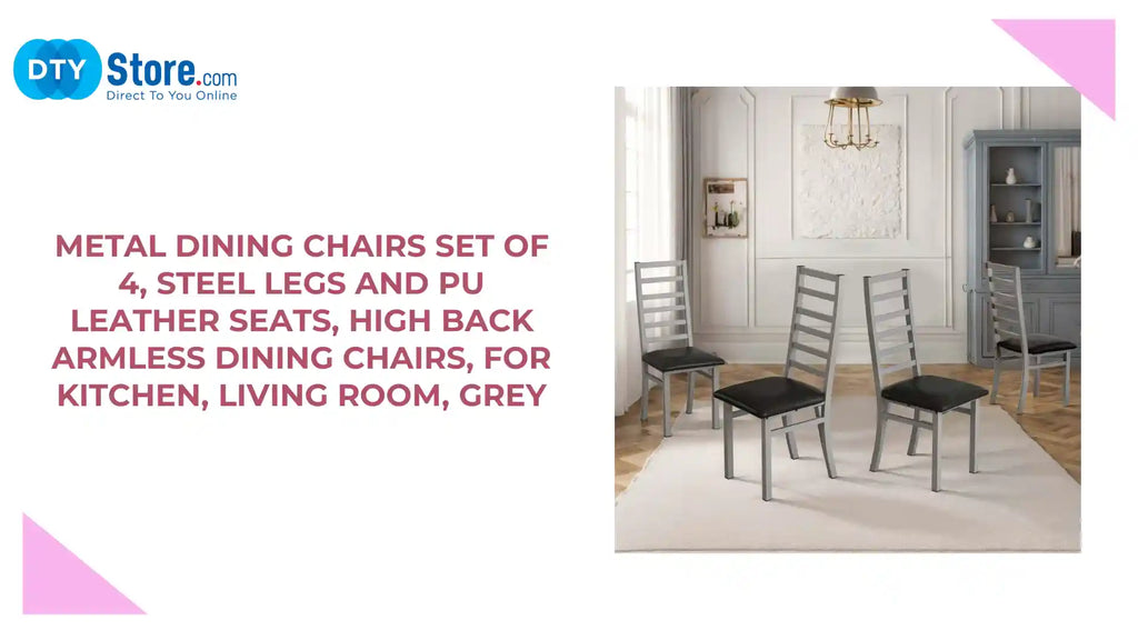 Metal Dining Chairs Set of 4, Steel Legs and PU Leather Seats, High Back Armless Dining Chairs, for Kitchen, Living Room, Grey by@Outfy