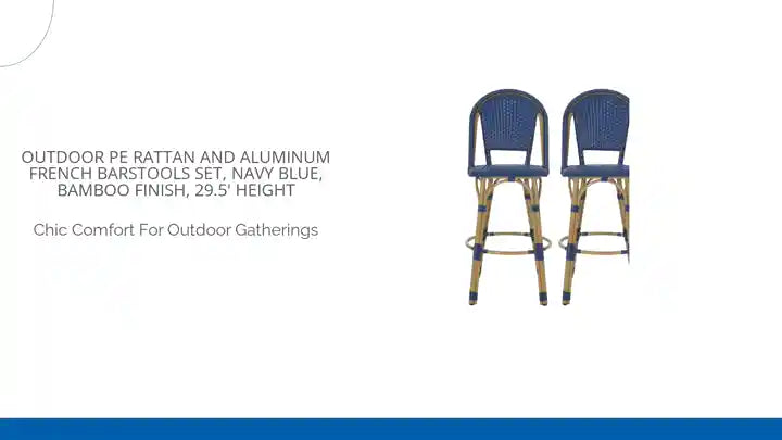 Outdoor PE Rattan and Aluminum French Barstools Set, Navy Blue, Bamboo Finish, 29.5&#039; Height by@Outfy