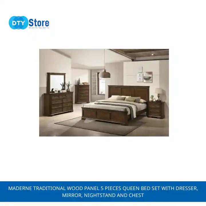 Maderne Traditional Wood Panel 5 pieces Queen Bed set with Dresser, Mirror, Nightstand and Chest by@Outfy
