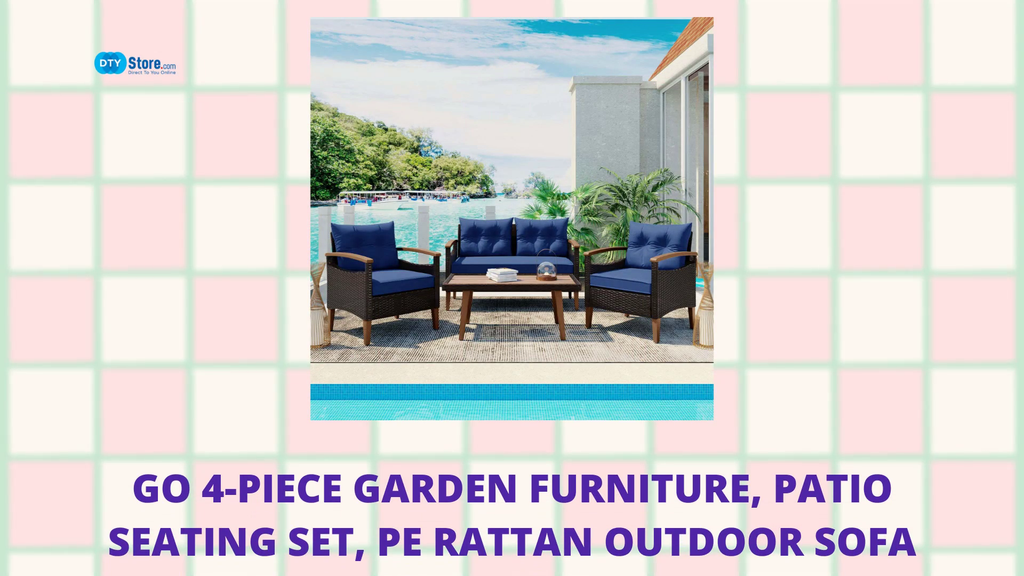 GO 4-Piece Garden Furniture, Patio Seating Set, PE Rattan Outdoor Sofa Set, Wood Table and Legs, Brown and Blue by@Outfy