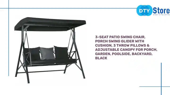 3-Seat Patio Swing Chair, Porch Swing Glider with Cushion, 3 Throw Pillows &amp; Adjustable Canopy for Porch, Garden, Poolside, Backyard, Black by@Outfy