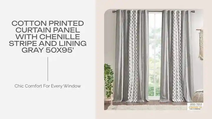 Cotton Printed Curtain Panel with Chenille Stripe and Lining Gray 50x95&#039; by@Outfy