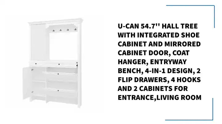 U-Can 54.7&#039;&#039; Hall Tree with Integrated Shoe Cabinet and Mirrored Cabinet Door, Coat Hanger, Entryway Bench, 4-in-1 Design, 2 Flip Drawers, 4 Hooks and 2 Cabinets for Entrance,Living Room by@Outfy