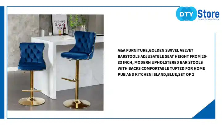 A&amp;A Furniture,Golden Swivel Velvet Barstools Adjusatble Seat Height from 25-33 Inch, Modern Upholstered Bar Stools with Backs Comfortable Tufted for Home Pub and Kitchen Island,Blue,Set of 2 by@Outfy