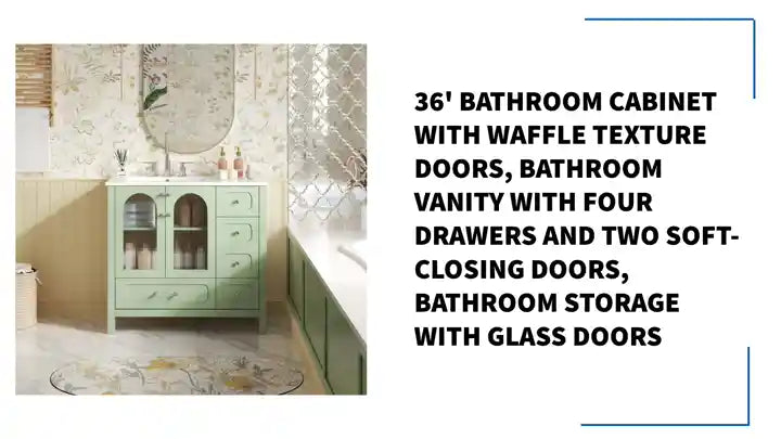36' Bathroom Cabinet with Waffle Texture Doors, Bathroom Vanity with Four Drawers and Two Soft-Closing Doors, Bathroom Storage with Glass Doors by@Outfy
