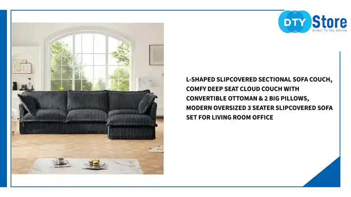 L-Shaped Slipcovered Sectional Sofa Couch, Comfy Deep Seat Cloud Couch with Convertible Ottoman &amp; 2 Big Pillows, Modern Oversized 3 Seater Slipcovered Sofa Set for Living Room Office by@Outfy