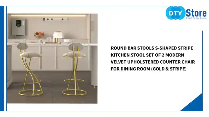 Round Bar Stools S-shaped Stripe Kitchen Stool Set of 2 Modern Velvet Upholstered Counter Chair for Dining Room (Gold &amp; Stripe) by@Outfy