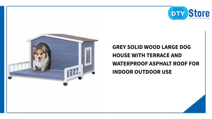 Grey Solid Wood Large Dog House with Terrace and Waterproof Asphalt Roof for Indoor Outdoor Use by@Outfy