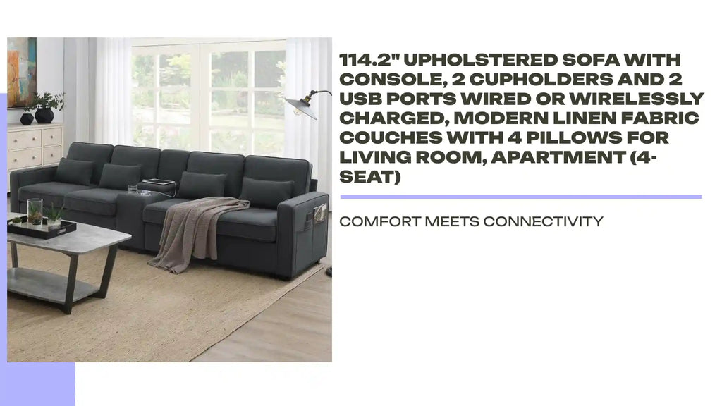 114.2&quot; Upholstered Sofa with Console, 2 Cupholders and 2 USB Ports Wired or Wirelessly Charged, Modern Linen Fabric Couches with 4 Pillows for Living Room, Apartment (4-Seat) by@Outfy