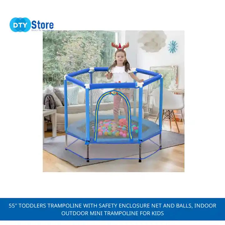 55'' Toddlers Trampoline with Safety Enclosure Net and Balls, Indoor Outdoor Mini Trampoline for Kids by@Outfy