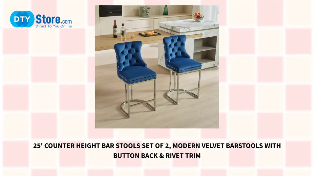 25&#039; Counter Height Bar Stools Set of 2, Modern Velvet Barstools with Button Back &amp; Rivet Trim by@Outfy