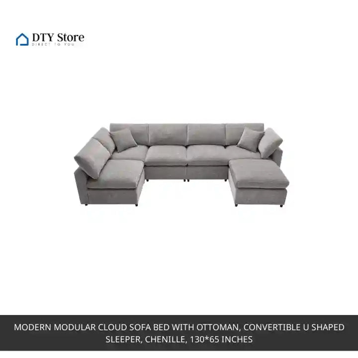 Modern Modular Cloud Sofa Bed with Ottoman, Convertible U Shaped Sleeper, Chenille, 130*65 Inches by@Outfy