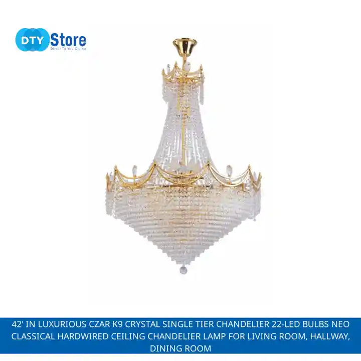 42&#039; in Luxurious CZAR K9 Crystal Single Tier Chandelier 22-LED Bulbs Neo Classical Hardwired Ceiling Chandelier Lamp for Living Room, Hallway, Dining Room by@Outfy
