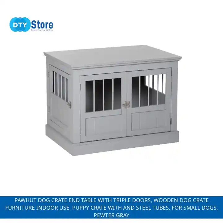 PawHut Dog Crate End Table with Triple Doors, Wooden Dog Crate Furniture Indoor Use, Puppy Crate with and Steel Tubes, for Small Dogs, Pewter Gray by@Outfy