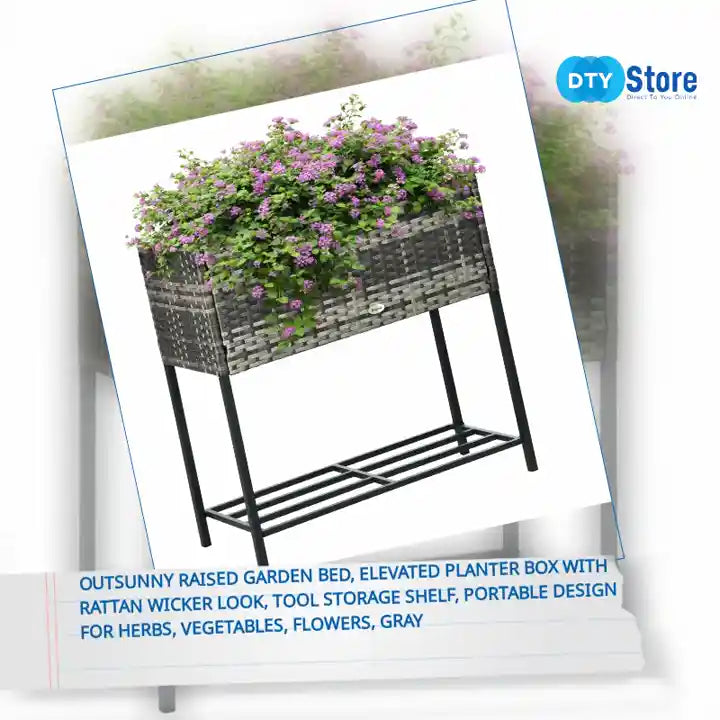 Outsunny Raised Garden Bed, Elevated Planter Box with Rattan Wicker Look, Tool Storage Shelf, Portable Design for Herbs, Vegetables, Flowers, Gray by@Outfy