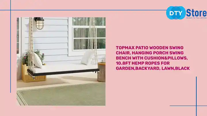 TOPMAX Patio Wooden Swing Chair, Hanging Porch Swing Bench with Cushion&amp;Pillows, 10.8Ft Hemp Ropes for Garden,Backyard, Lawn,Black by@Outfy