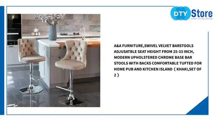 A&amp;A Furniture,Swivel Velvet Barstools Adjusatble Seat Height from 25-33 Inch, Modern Upholstered Chrome base Bar Stools with Backs Comfortable Tufted for Home Pub and Kitchen Island（Khaki,Set of 2） by@Outfy