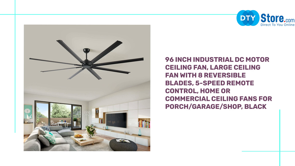 96 Inch Industrial DC Motor Ceiling Fan, Large Ceiling Fan with 8 Reversible Blades, 5-Speed Remote Control, Home or Commercial Ceiling Fans for Porch/Garage/Shop, Black by@Outfy