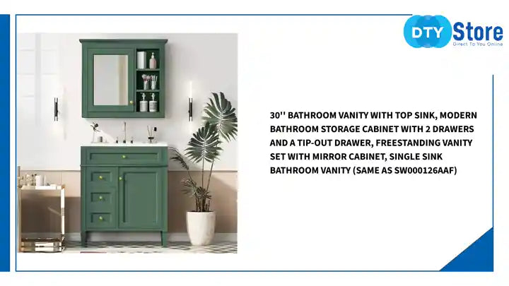 30&#039;&#039; Bathroom Vanity with Top Sink, Modern Bathroom Storage Cabinet with 2 Drawers and a Tip-out Drawer, Freestanding Vanity Set with Mirror Cabinet, Single Sink Bathroom Vanity (Same as SW000126AAF) by@Outfy
