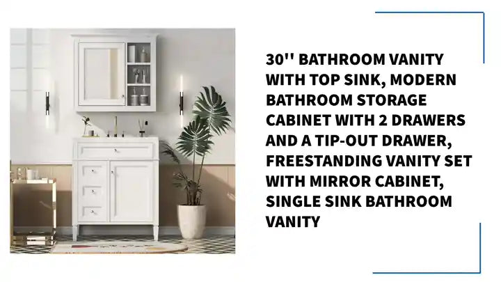30&#039;&#039; Bathroom Vanity with Top Sink, Modern Bathroom Storage Cabinet with 2 Drawers and a Tip-out Drawer, Freestanding Vanity Set with Mirror Cabinet, Single Sink Bathroom Vanity by@Outfy