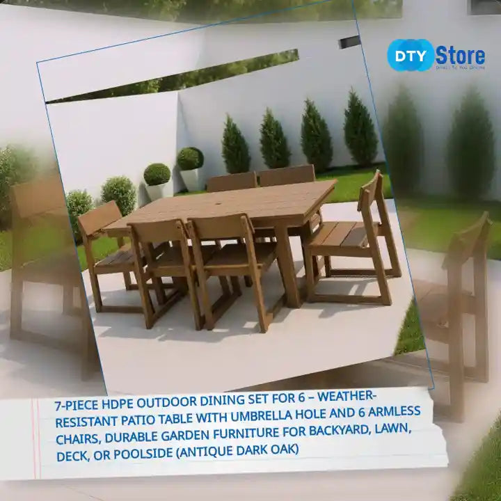7-Piece HDPE Outdoor Dining Set for 6 &ndash; Weather-Resistant Patio Table with Umbrella Hole and 6 Armless Chairs, Durable Garden Furniture for Backyard, Lawn, Deck, or Poolside (Antique Dark Oak) by@Outfy