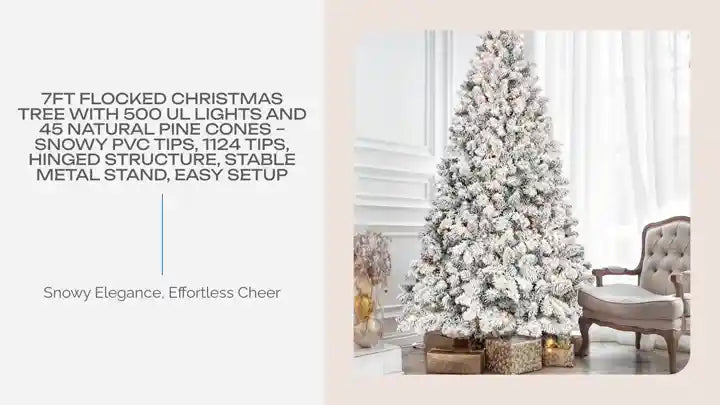 7FT Flocked Christmas Tree with 500 UL Lights and 45 Natural Pine Cones &ndash; Snowy PVC Tips, 1124 Tips, Hinged Structure, Stable Metal Stand, Easy Setup by@Outfy