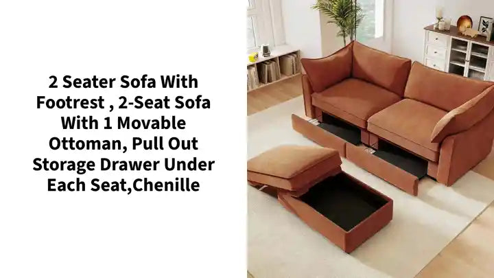 2 Seater Sofa With Footrest , 2-Seat Sofa with 1 Movable Ottoman, Pull out Storage Drawer Under Each Seat,Chenille by@Outfy
