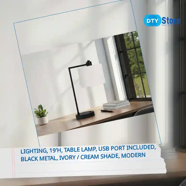 Lighting, 19&#039;h, Table Lamp, Usb Port Included, Black Metal, Ivory / Cream Shade, Modern by@Outfy